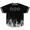 Black rave baseball jersey back view showing three glowing ring emblems above white ghostly flames