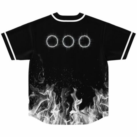 Black rave baseball jersey back view showing three glowing ring emblems above white ghostly flames