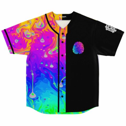Melting rainbow acid trip jersey with black split panel and glowing brain graphic front view