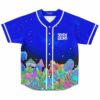Royal blue baseball jersey with glowing mushroom garden print and text Seven Lions on chest