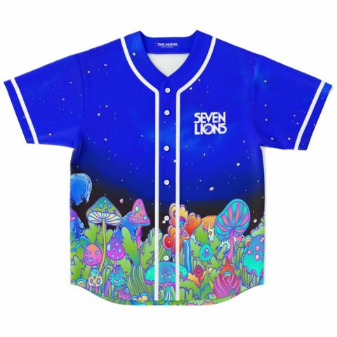 Royal blue baseball jersey with glowing mushroom garden print and text Seven Lions on chest