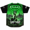 Back view of green spiral vortex print jersey with chained dogs and Unleashed text
