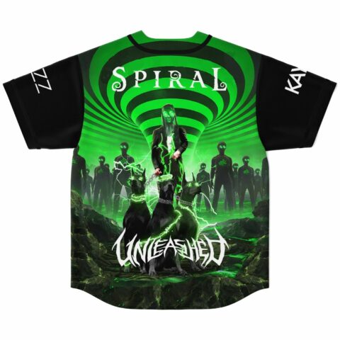 Back view of green spiral vortex print jersey with chained dogs and Unleashed text