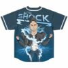 After Shock lightning graphic on back of navy rave baseball jersey featuring anime-inspired character