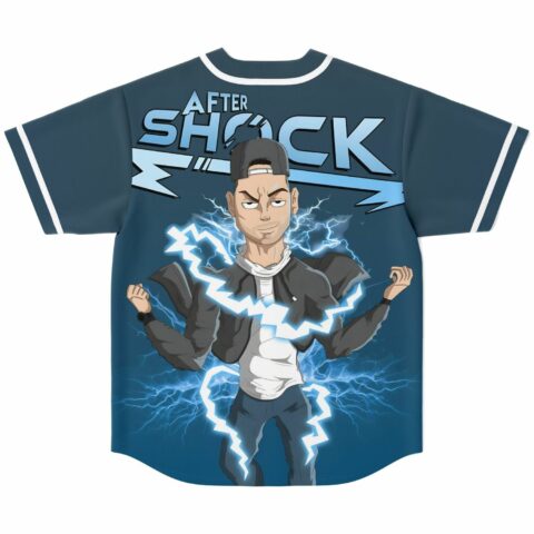 After Shock lightning graphic on back of navy rave baseball jersey featuring anime-inspired character