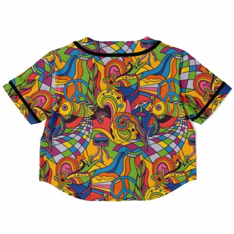 Back view of colorful crop jersey with psychedelic designs