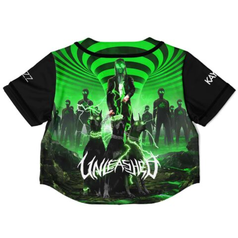 Back view of black crop top with vibrant green artwork