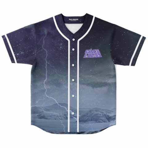 Starry lightning storm print rave baseball jersey with purple Space Laces logo, front view