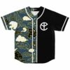 Japanese cloud swirl print baseball jersey with black peace-sign panel front view