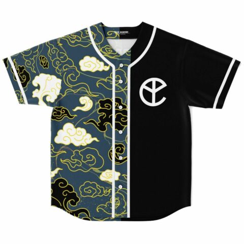 Japanese cloud swirl print baseball jersey with black peace-sign panel front view