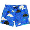 Royal blue swim trunks with black white and gold cloud print front view