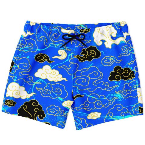 Royal blue swim trunks with black white and gold cloud print front view