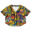 Colorful trippy rave crop top with vibrant psychedelic patterns, front view