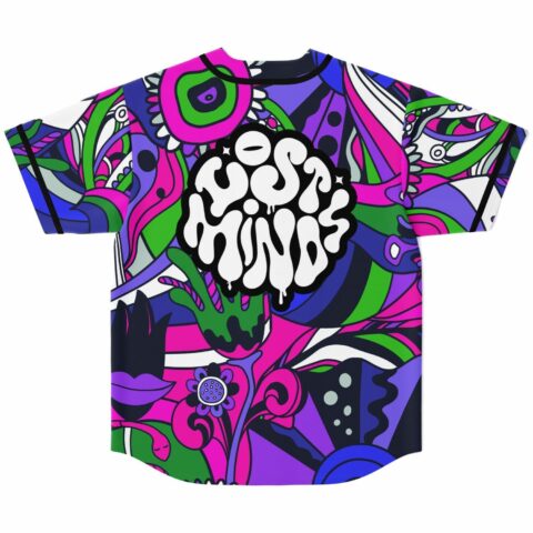 Trippy floral swirl print baseball jersey back view with bold Lost Minds text logo
