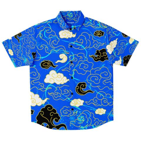 Blue short sleeve button-down shirt with vibrant cloud patterns.