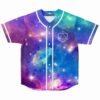 Front view of cosmic nebula rave baseball jersey with white geometric icosahedron and button placket