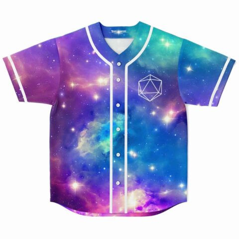 Front view of cosmic nebula rave baseball jersey with white geometric icosahedron and button placket