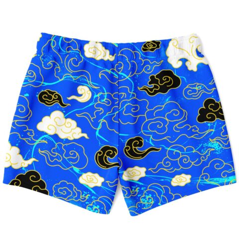 Asian-inspired cloud print swim trunks in royal blue back view flat lay