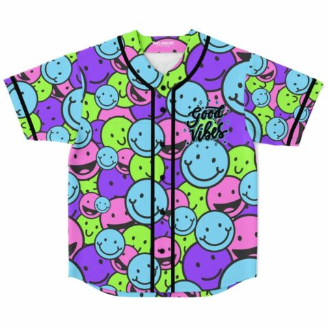 Neon smiley face baseball jersey with Good Vibes chest print, front flat lay