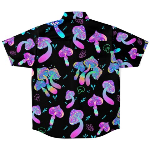 Vibrant mushroom design button shirt back view