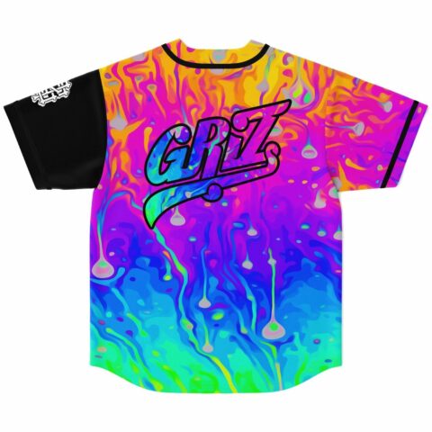 Back view of rainbow psychedelic drip print jersey with bubble letter GRiZ text