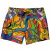 Rainbow 60s psychedelic rave swim trunks with peace sign and cartoon jellyfish front view