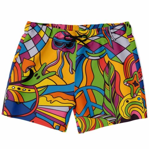 Rainbow 60s psychedelic rave swim trunks with peace sign and cartoon jellyfish front view