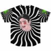 Melting face graphic on black white swirl print jersey back view flat lay