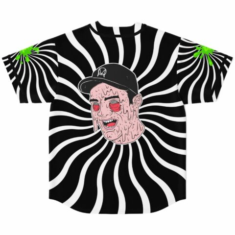 Melting face graphic on black white swirl print jersey back view flat lay