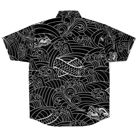 Black button-down shirt with white line-art dragon and wave print, back view