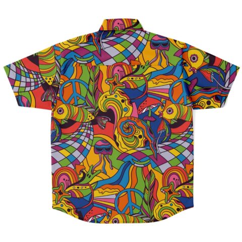 Back view of colorful abstract patterned button-down shirt
