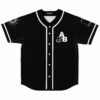 Black baseball jersey with white A&B monogram and sun and moon sleeve prints front view