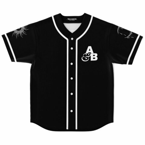 Black baseball jersey with white A&B monogram and sun and moon sleeve prints front view