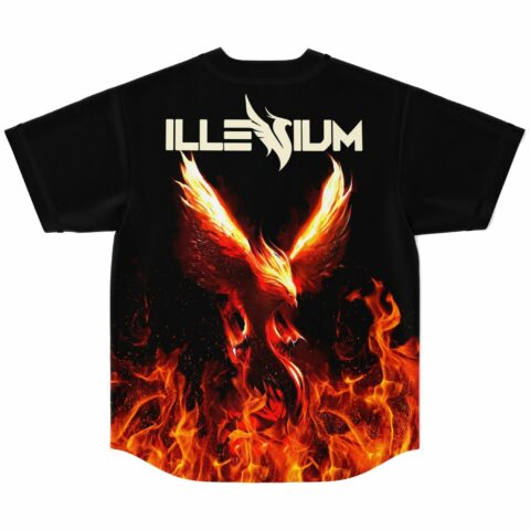 Black jersey back with bass-inspired phoenix graphic and text reading Illenium above flame hem