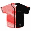Coral red swirl rave baseball jersey with black split panel and #bbc logo, front flat