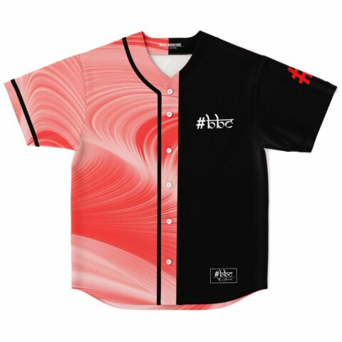 Coral red swirl rave baseball jersey with black split panel and #bbc logo, front flat
