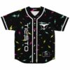 Black baseball jersey with scattered neon lightning bolt print and bird logo patch, front view