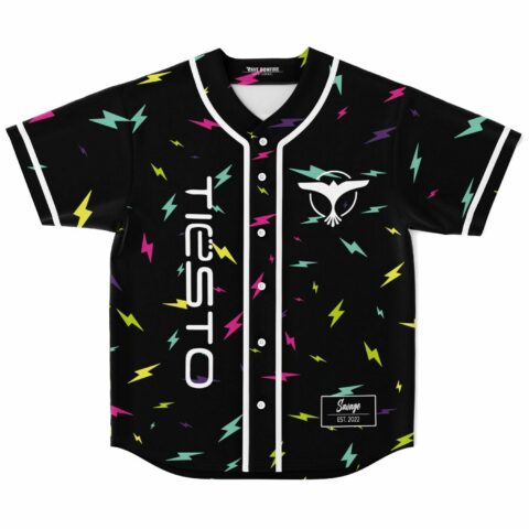 Black baseball jersey with scattered neon lightning bolt print and bird logo patch, front view