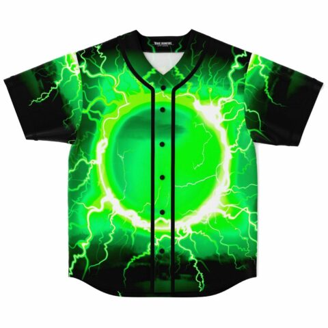 Black rave baseball jersey with glowing green lightning orb design front view