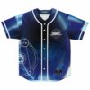 Deep blue sci-fi rave baseball jersey with glowing crystal graphic front view