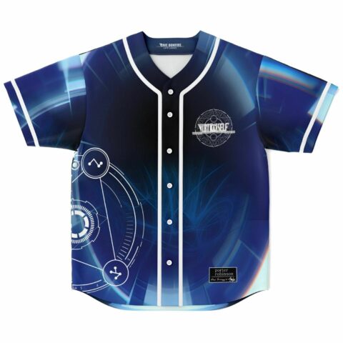 Deep blue sci-fi rave baseball jersey with glowing crystal graphic front view