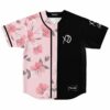 The Weeknd fan rave baseball jersey, front view, split cherry blossom and black panels with XO text on the chest