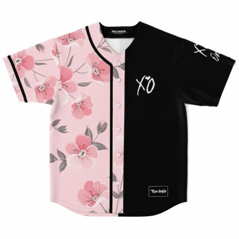 Split cherry blossom and black rave baseball jersey with XO text front view