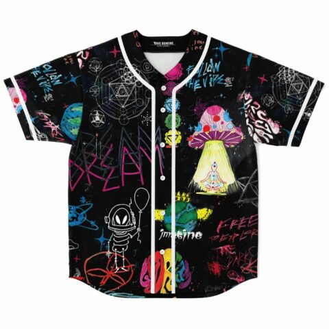 Black baseball jersey with hand drawn cosmic doodle print and meditating mushroom figure front view