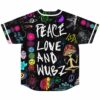 Back view of jersey reading Peace Love and Wubz with alien and chakra doodle art