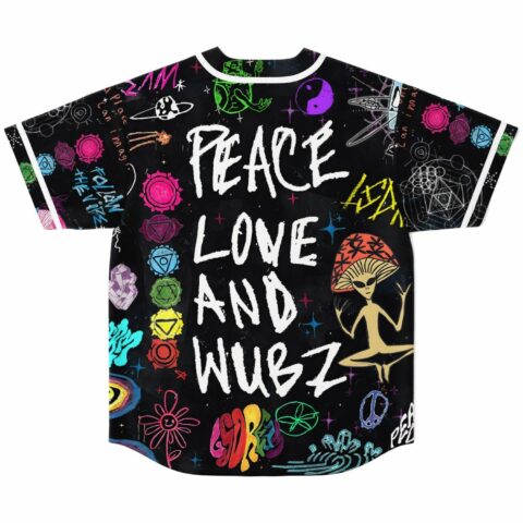 Back view of jersey reading Peace Love and Wubz with alien and chakra doodle art