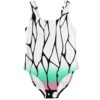 Cracked glass print rave swimsuit with mint pink ombre fade front view