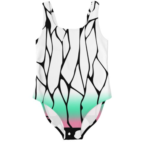 Cracked glass print rave swimsuit with mint pink ombre fade front view