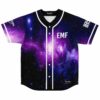 Purple and blue galaxy nebula print baseball jersey with EMF text front view