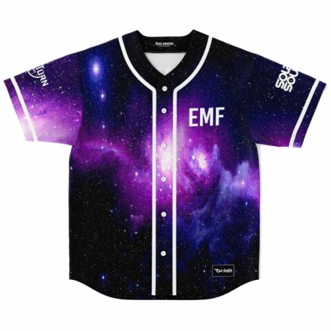 Purple and blue galaxy nebula print baseball jersey with EMF text front view